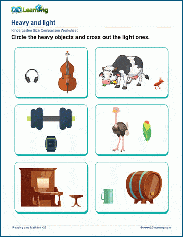 heavy or light worksheets first grade