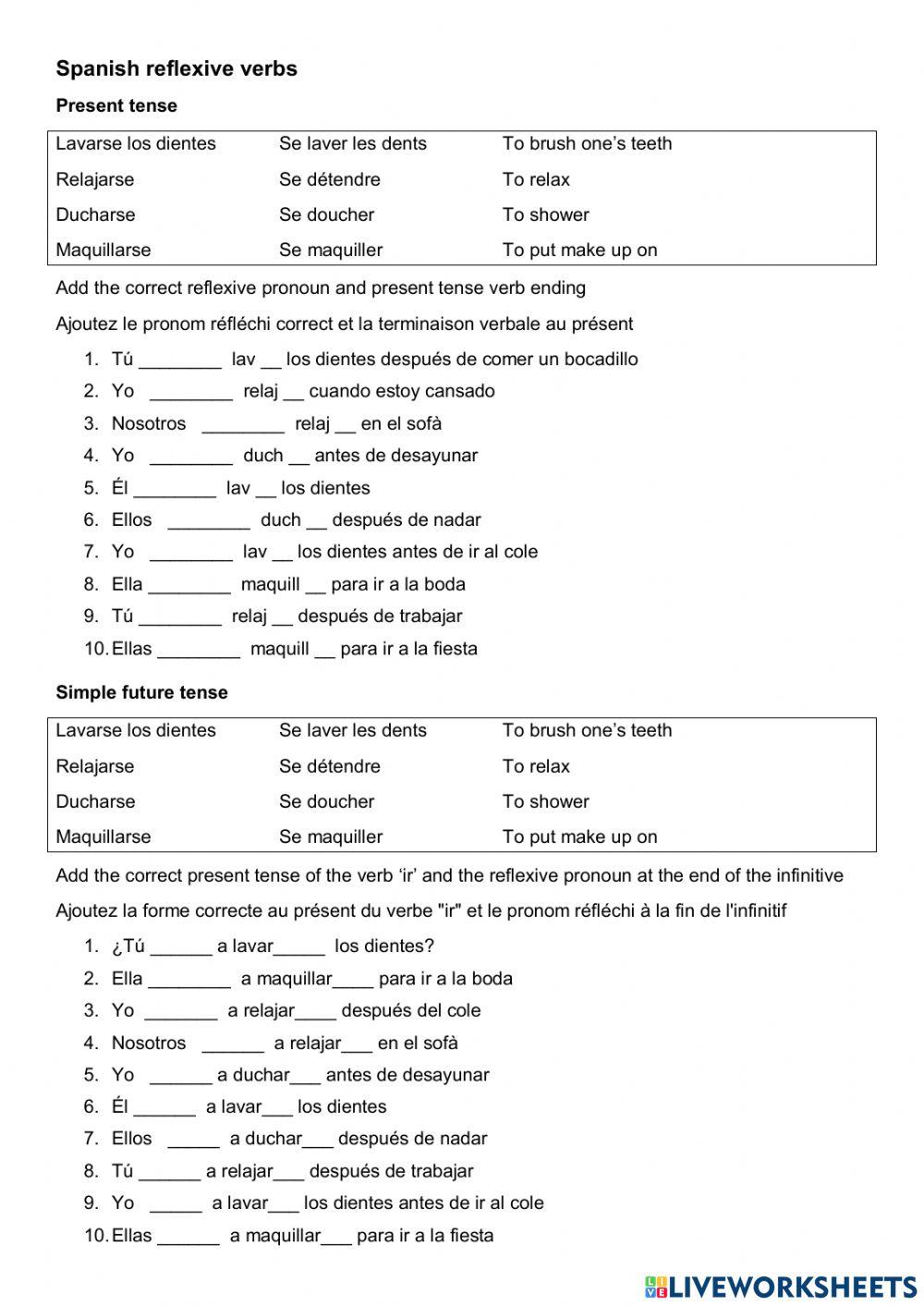 reflexive verbs spanish worksheet