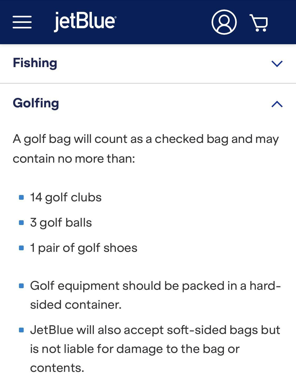 jetblue golf bag fees