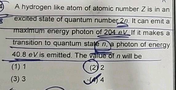 a hydrogen like atom of atomic number z