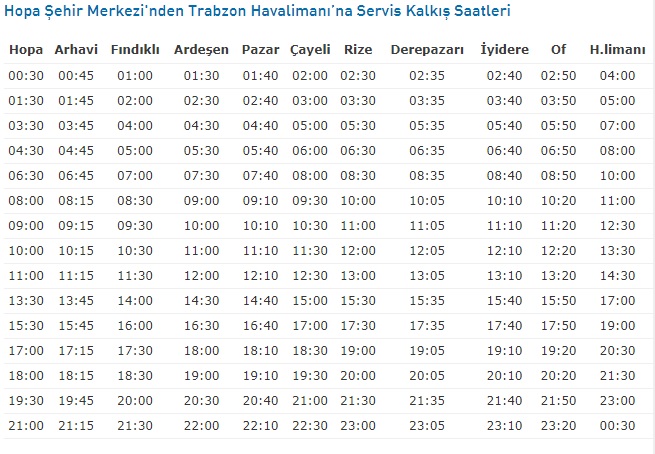 havaş hopa trabzon kalkış saatleri