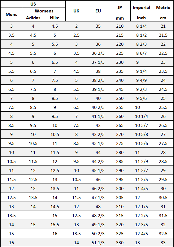 adidas shoe size chart