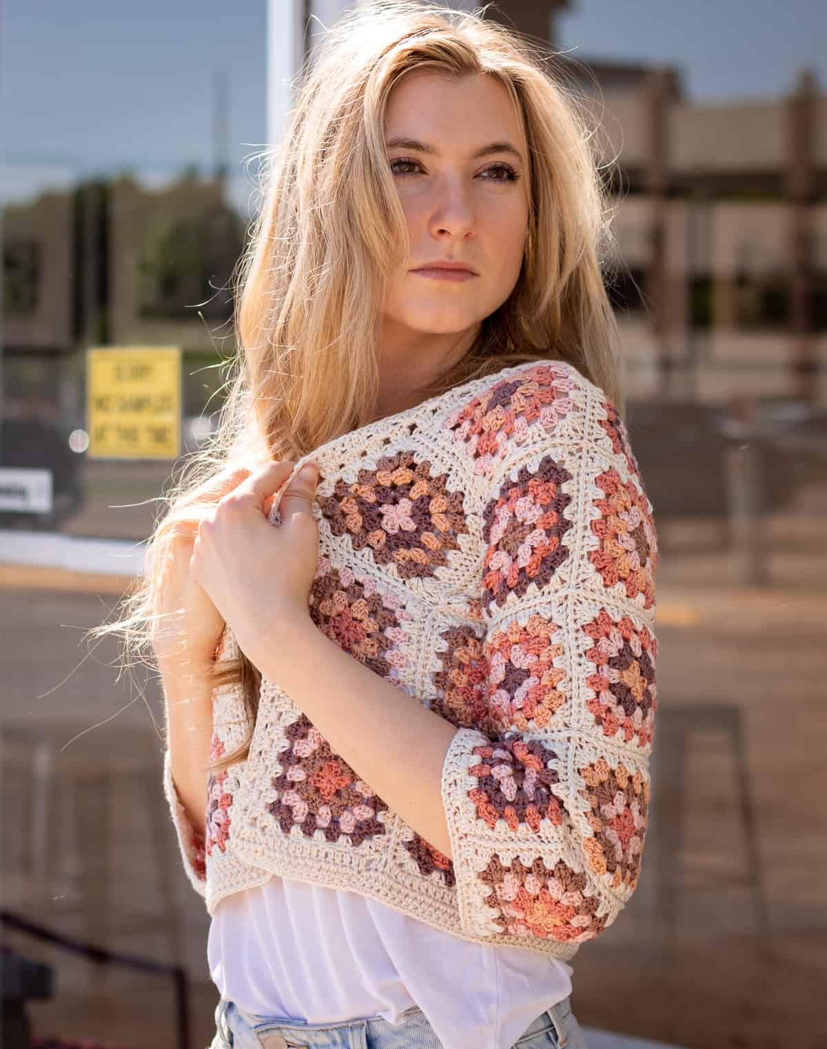 crocheted granny square cardigan