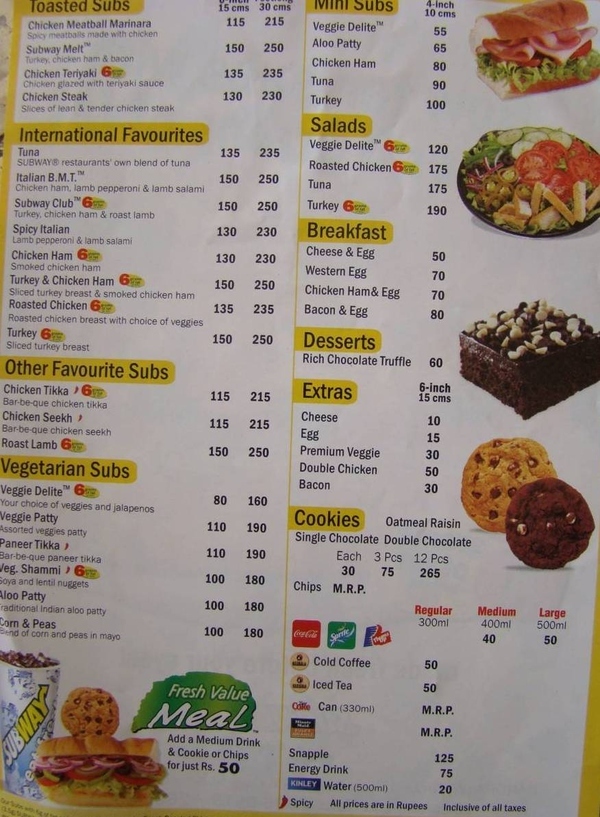 menu restaurant subway