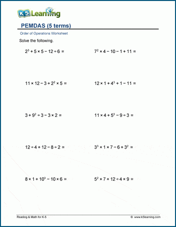 bedmas worksheets grade 6