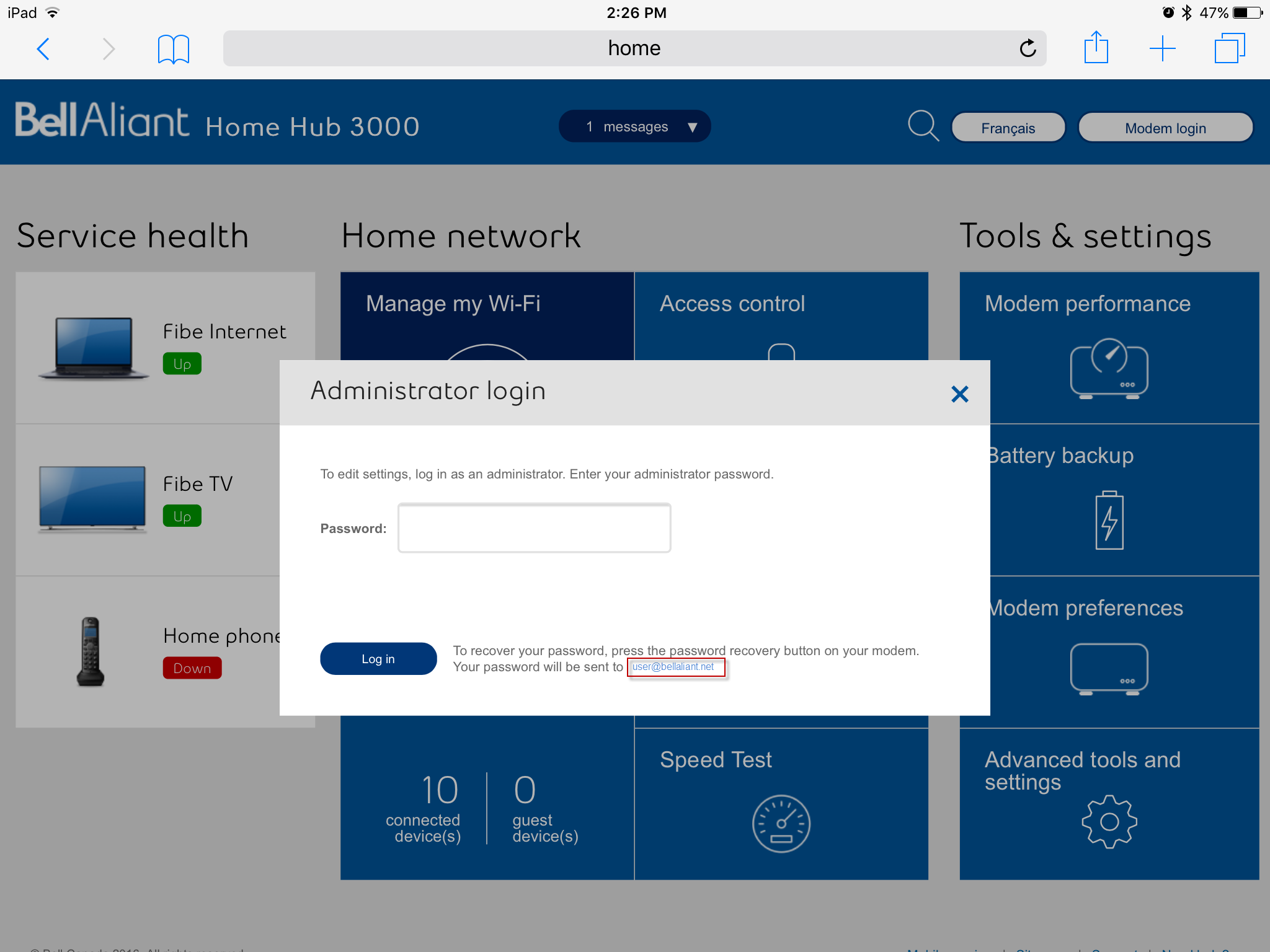 bell home hub 3000 password