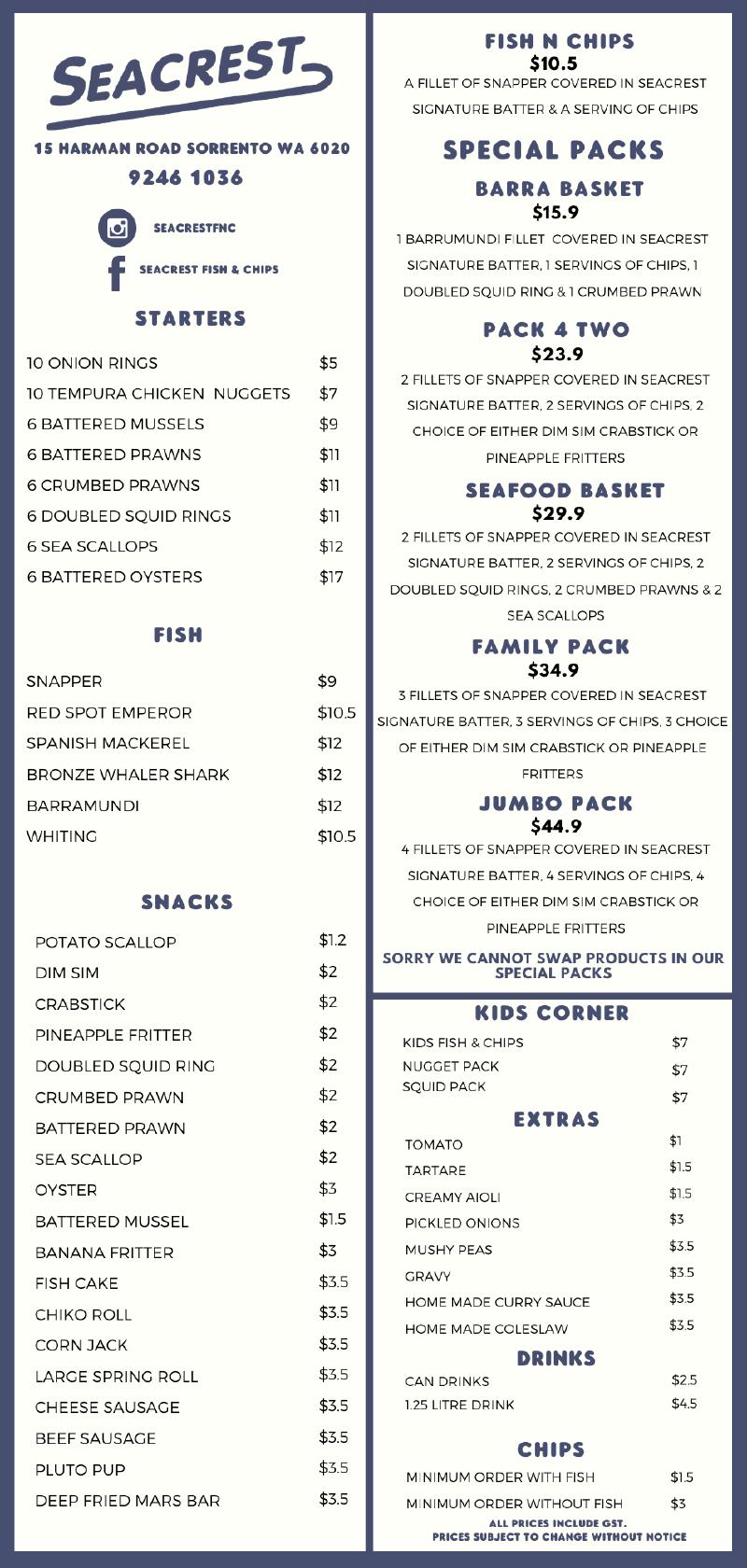 seacrest fish and chips menu