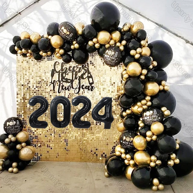 black and gold balloon arch