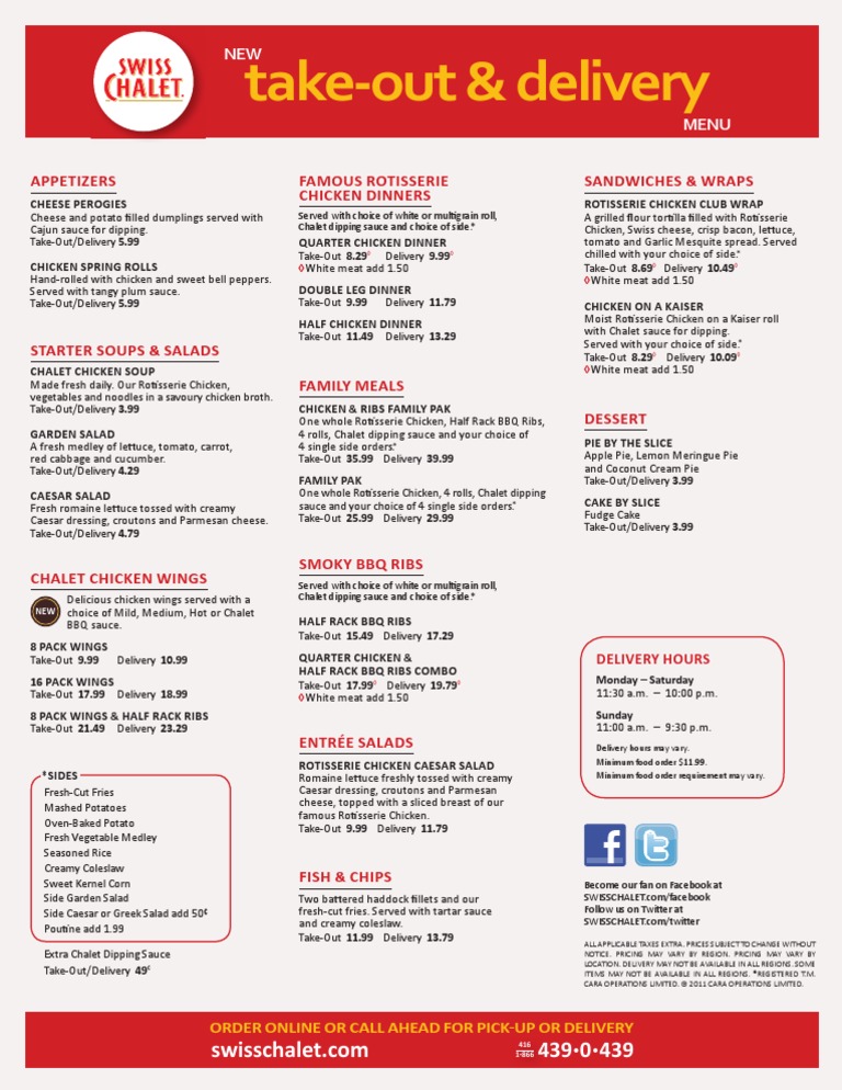 swiss chalet take out menu and prices