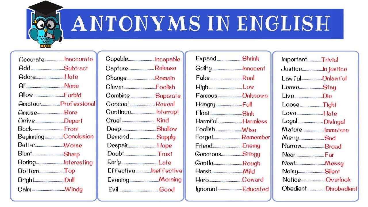 list of antonyms