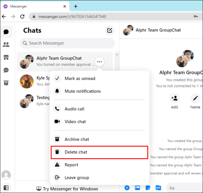 delete group chat messenger