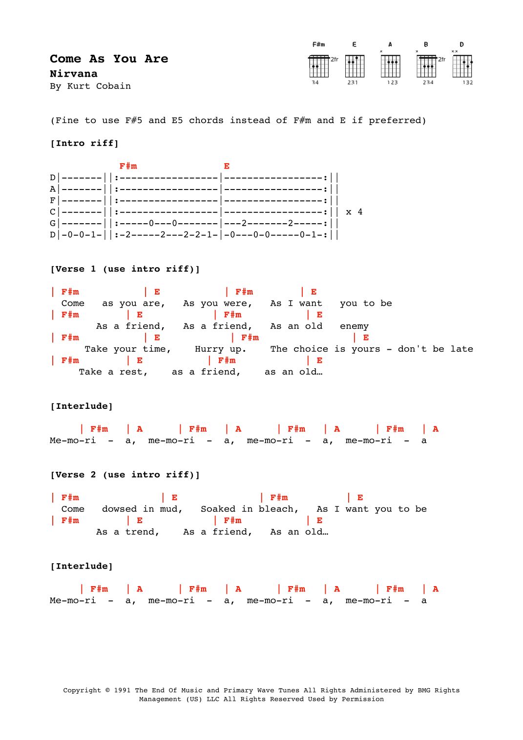 come as you are guitar chords