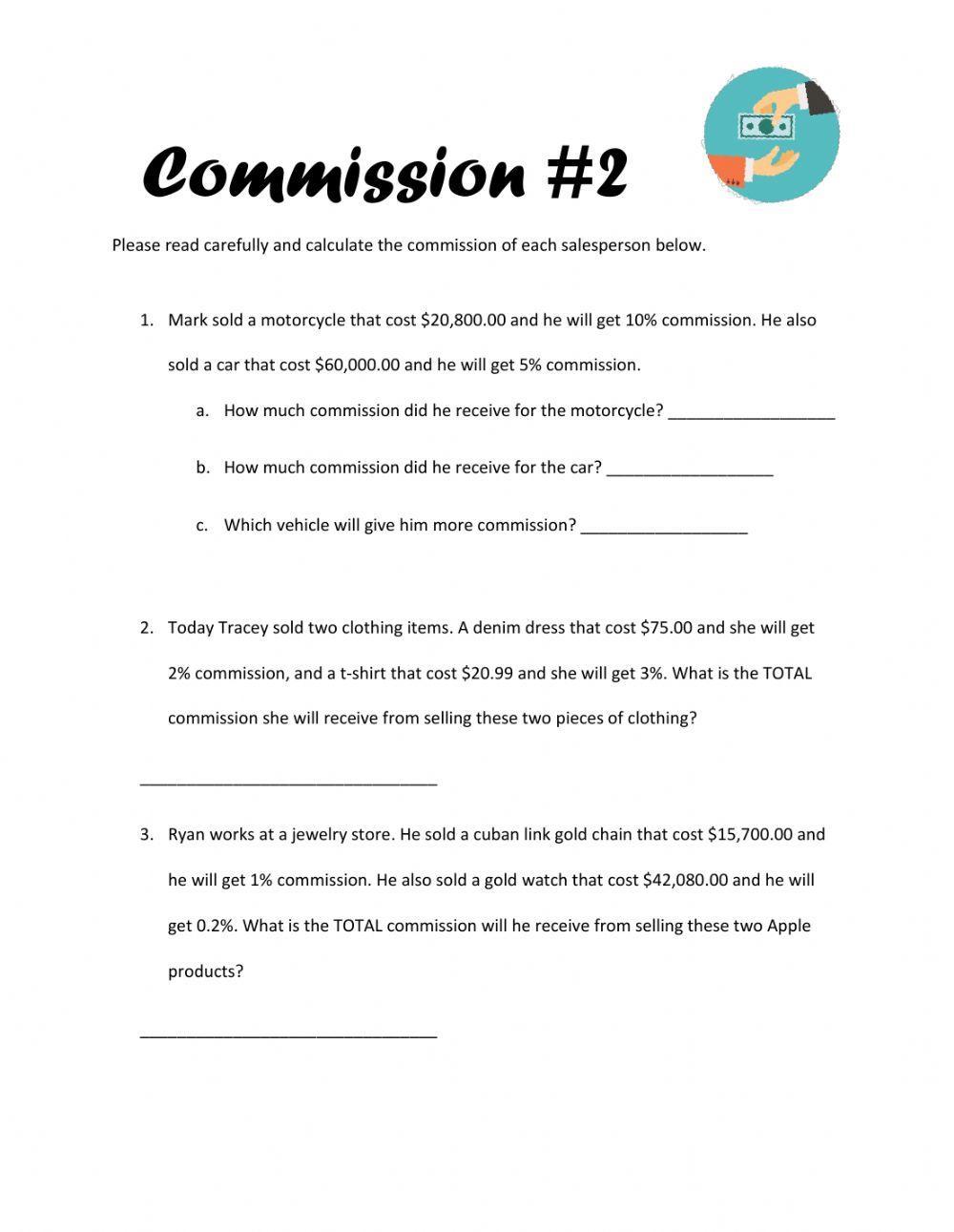 commission math worksheets