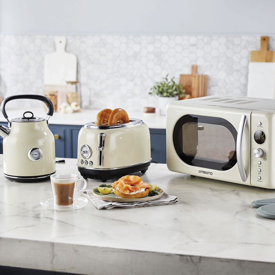 cream toaster kettle and microwave set