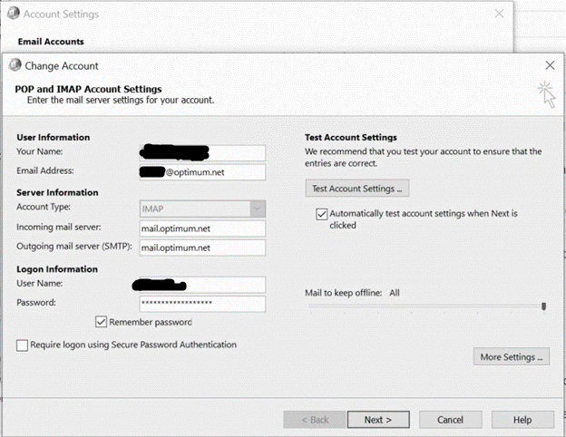 optimum mail server settings