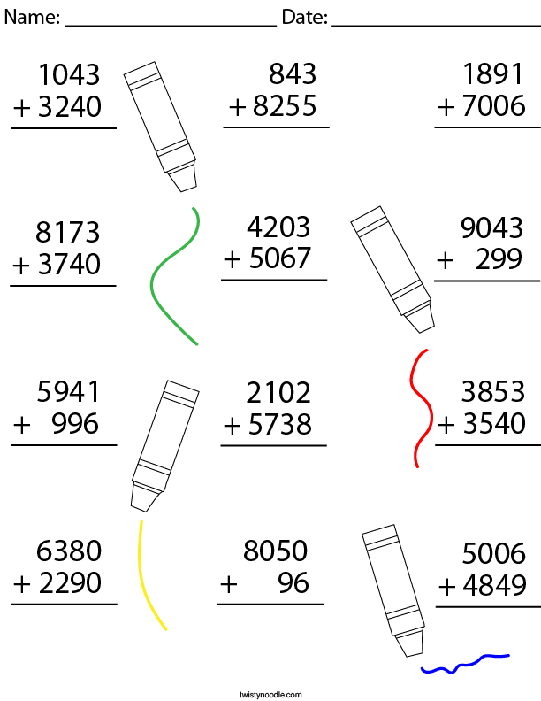 four digits addition worksheet