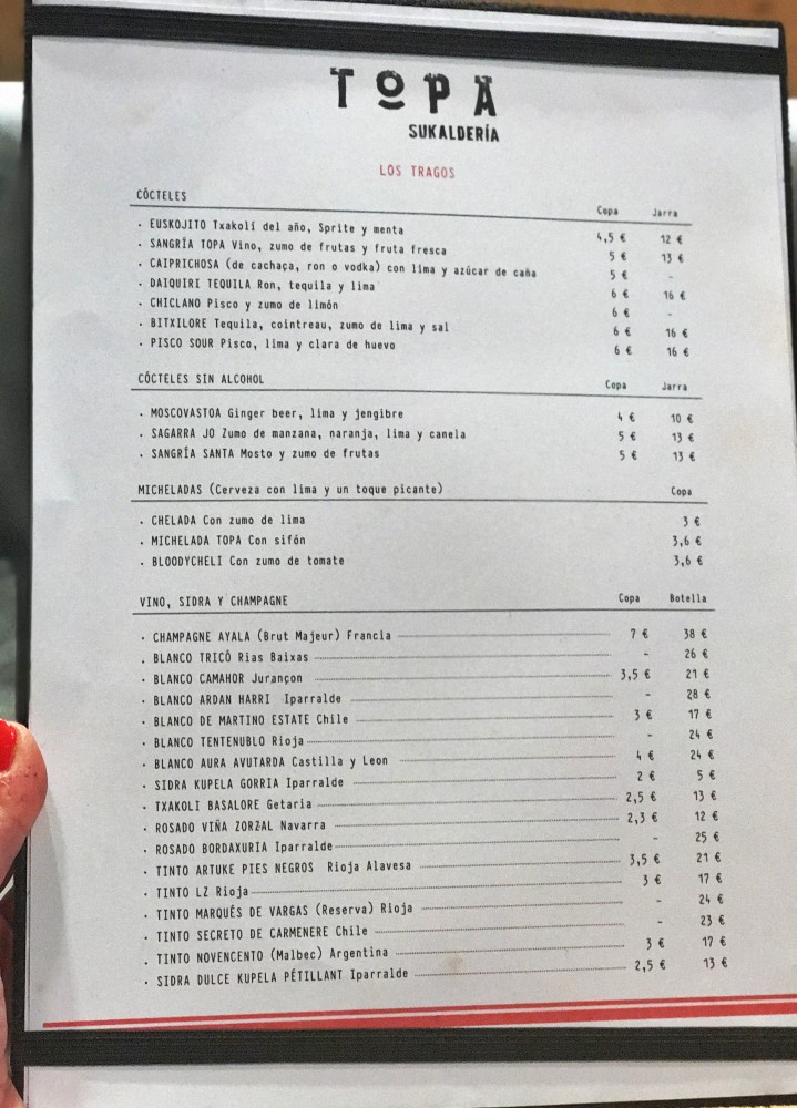 bar topa menu