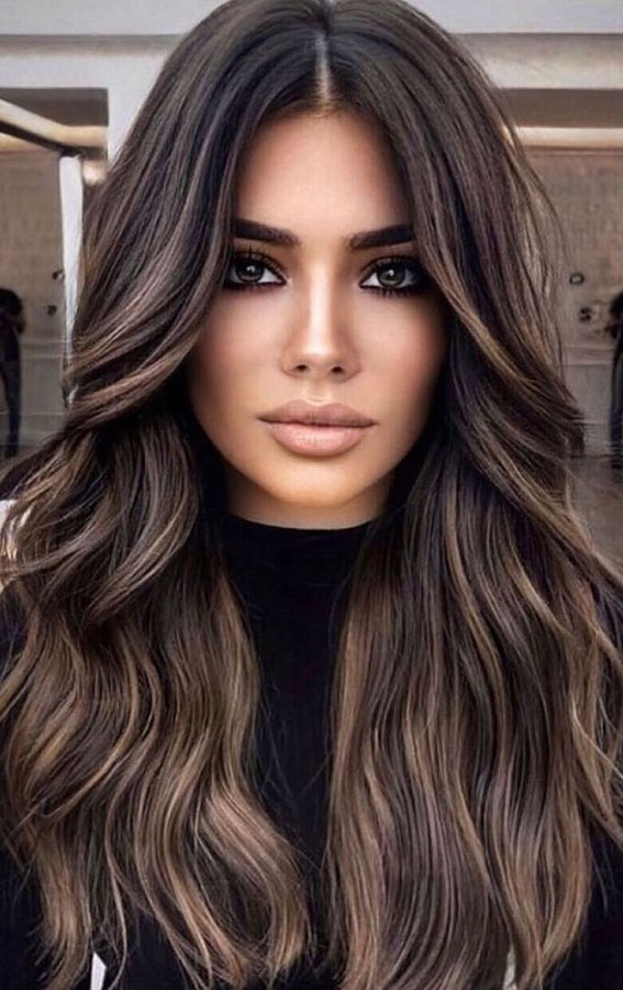 dark brown hair with caramel highlights