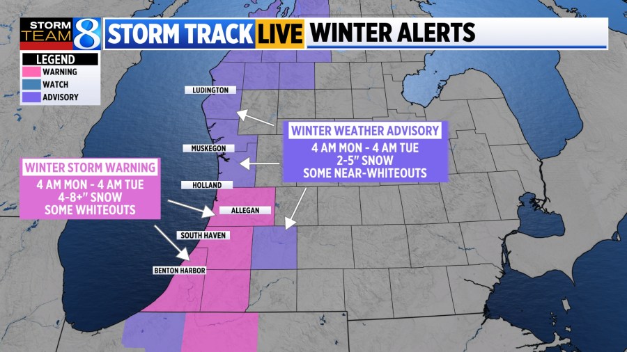 winter storm warnings issued ahead of lake-effect snow monday.