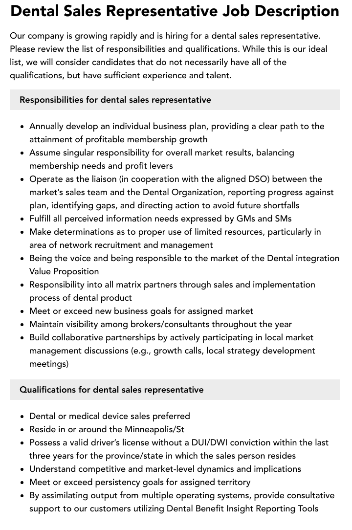 dental sales representative job description