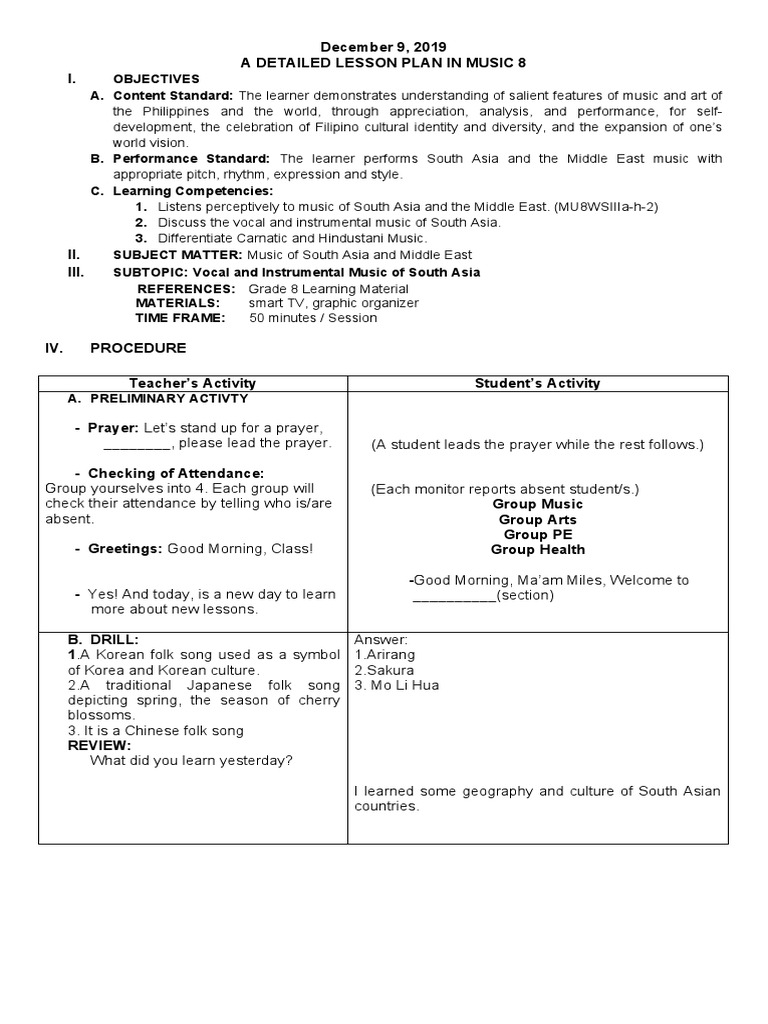 detailed lesson plan in mapeh grade 8 music