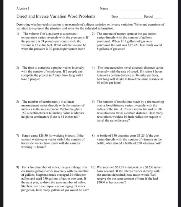 direct and inverse variation word problems worksheet with answers