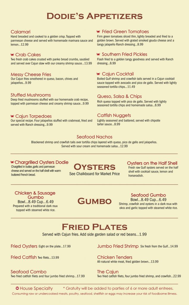 dodies cajun restaurant at the harbor menu