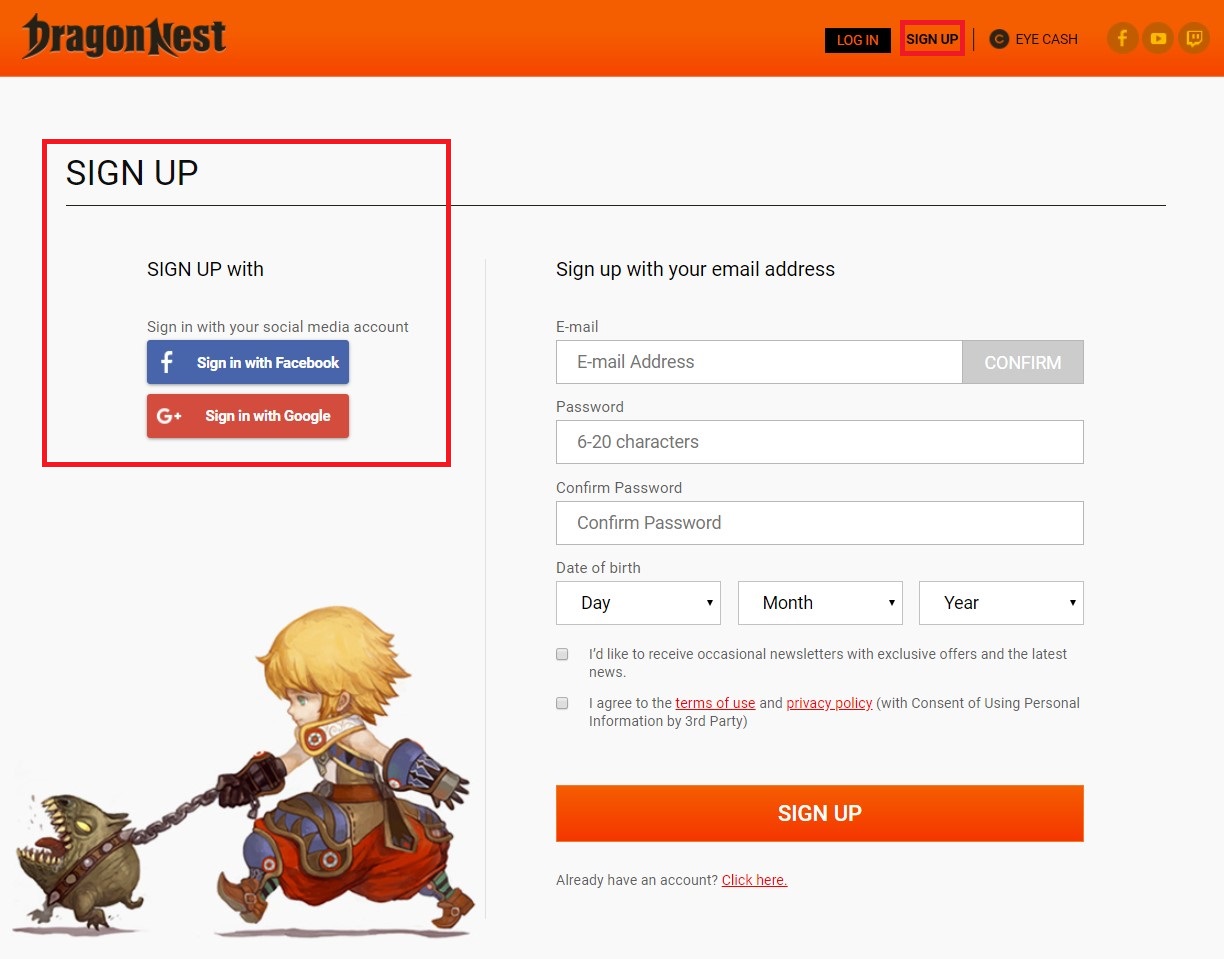 dragon nest account sign up