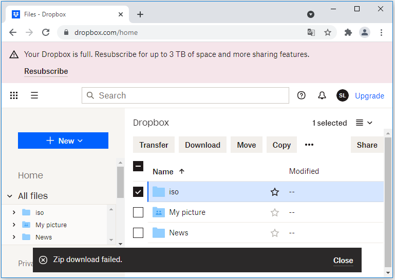 dropbox zip file too large