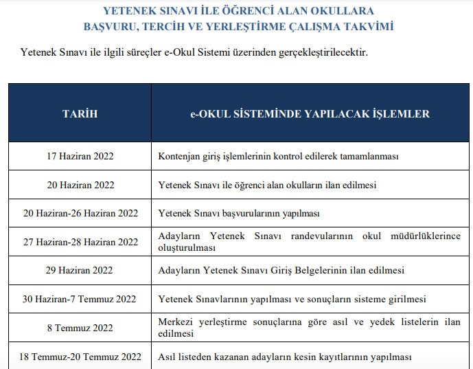 e okul yetenek sınavı başvurusu