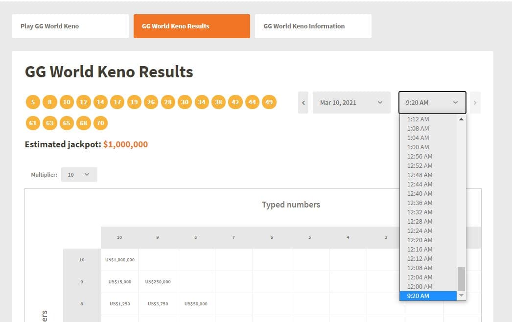 check keno results online