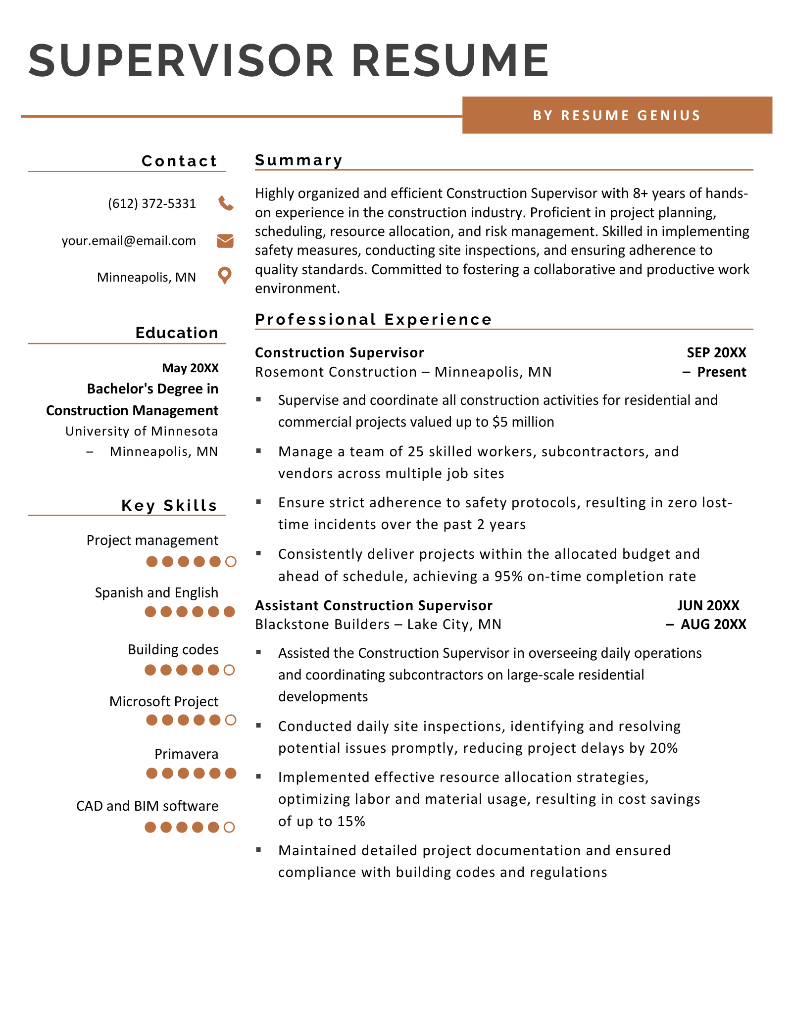 resume for manufacturing supervisor