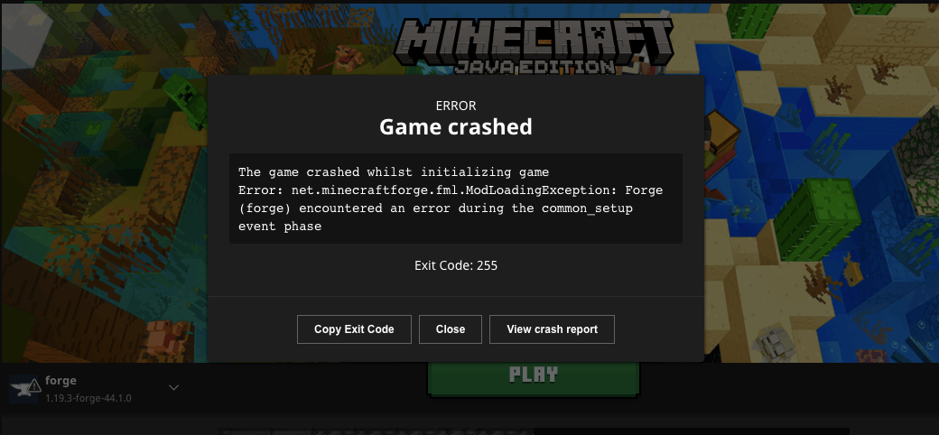 minecraft exit code -805306369