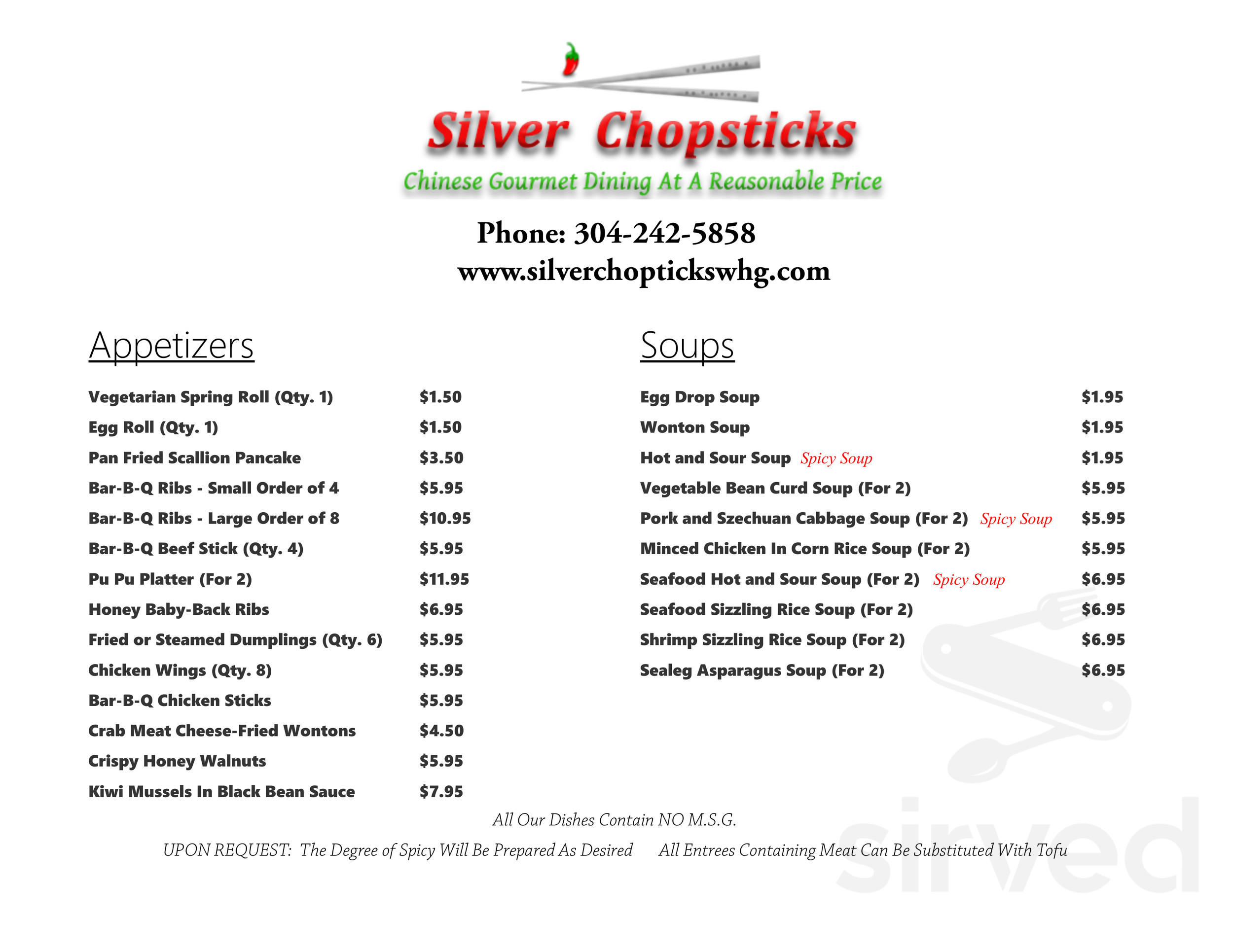 silver chopsticks chinese restaurant menu