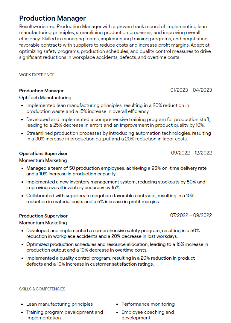 production incharge resume