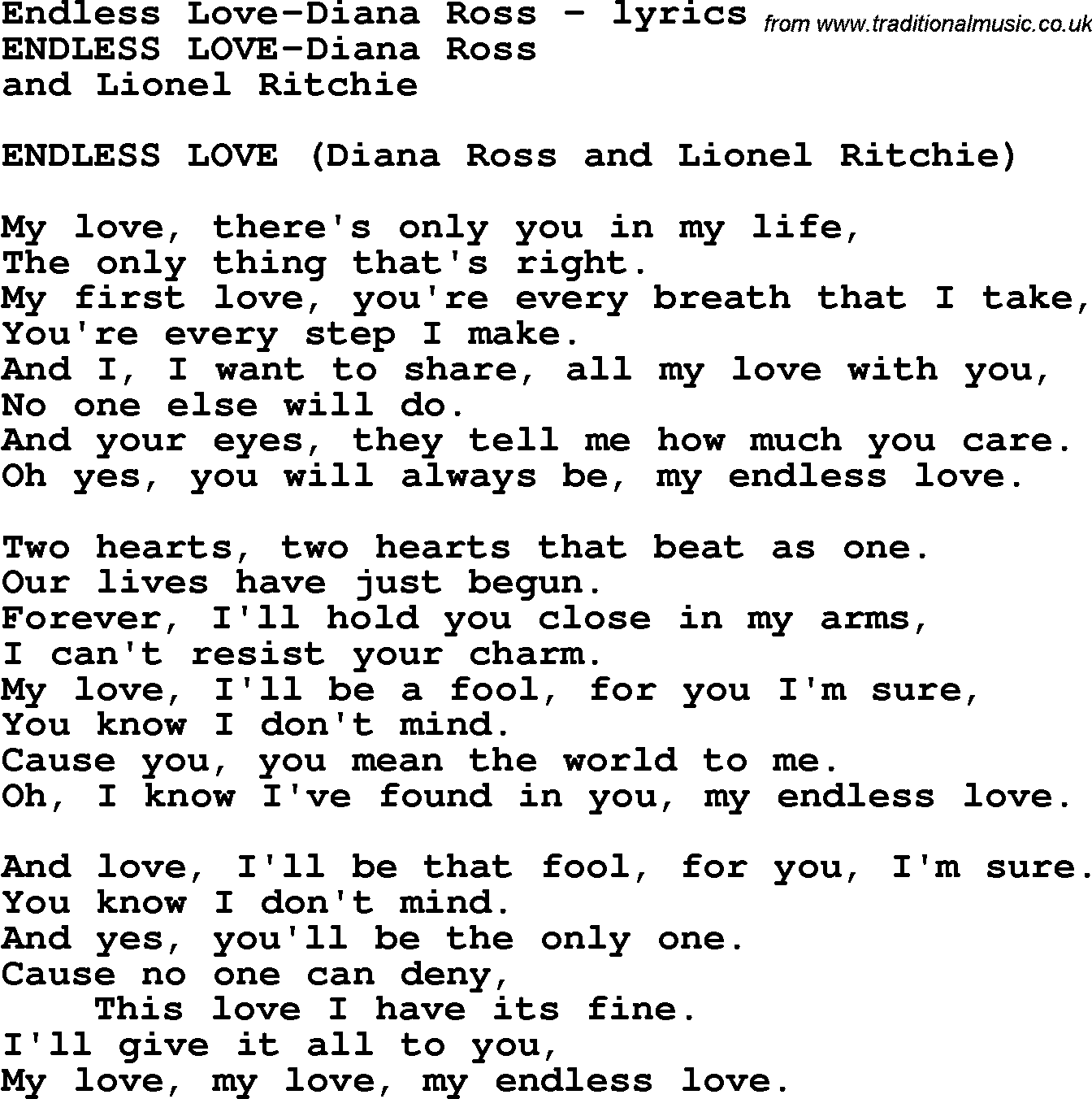 endless love song lyrics