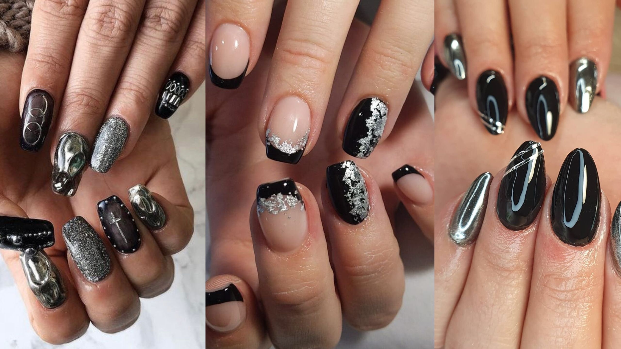 uñas negras con plata elegantes