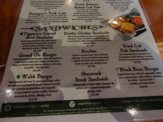 finnegans grill & irish pub menu