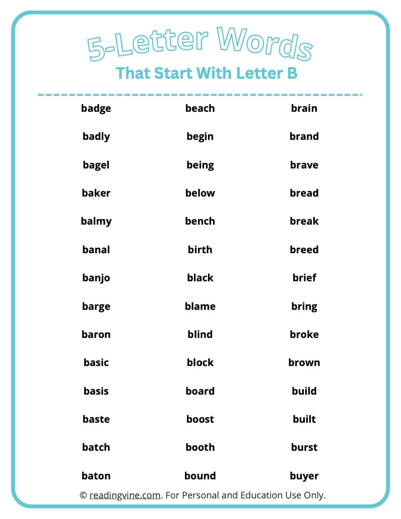 five letter words that start with b