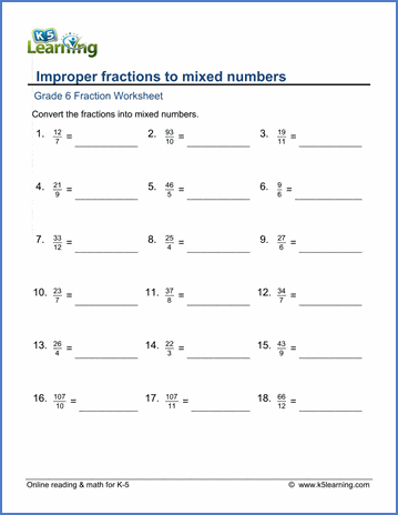 fractions improper to mixed worksheets