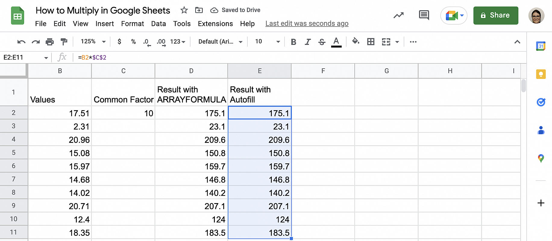 google sheets multiply