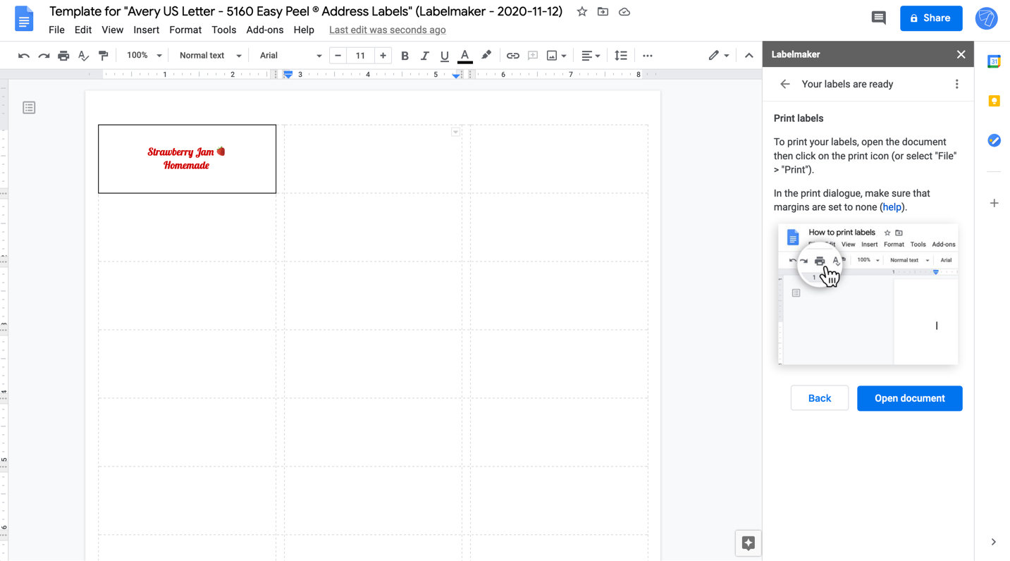 how to print labels on google docs