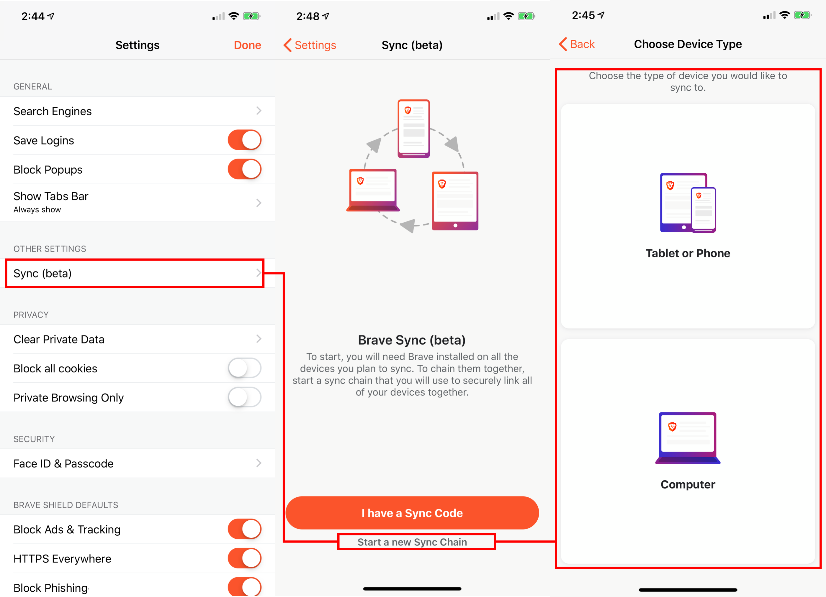 how to sync brave