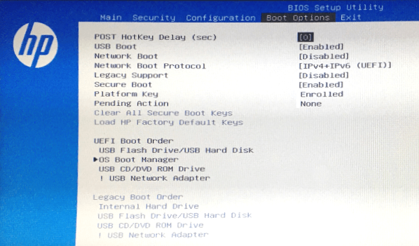 hp bios boot options