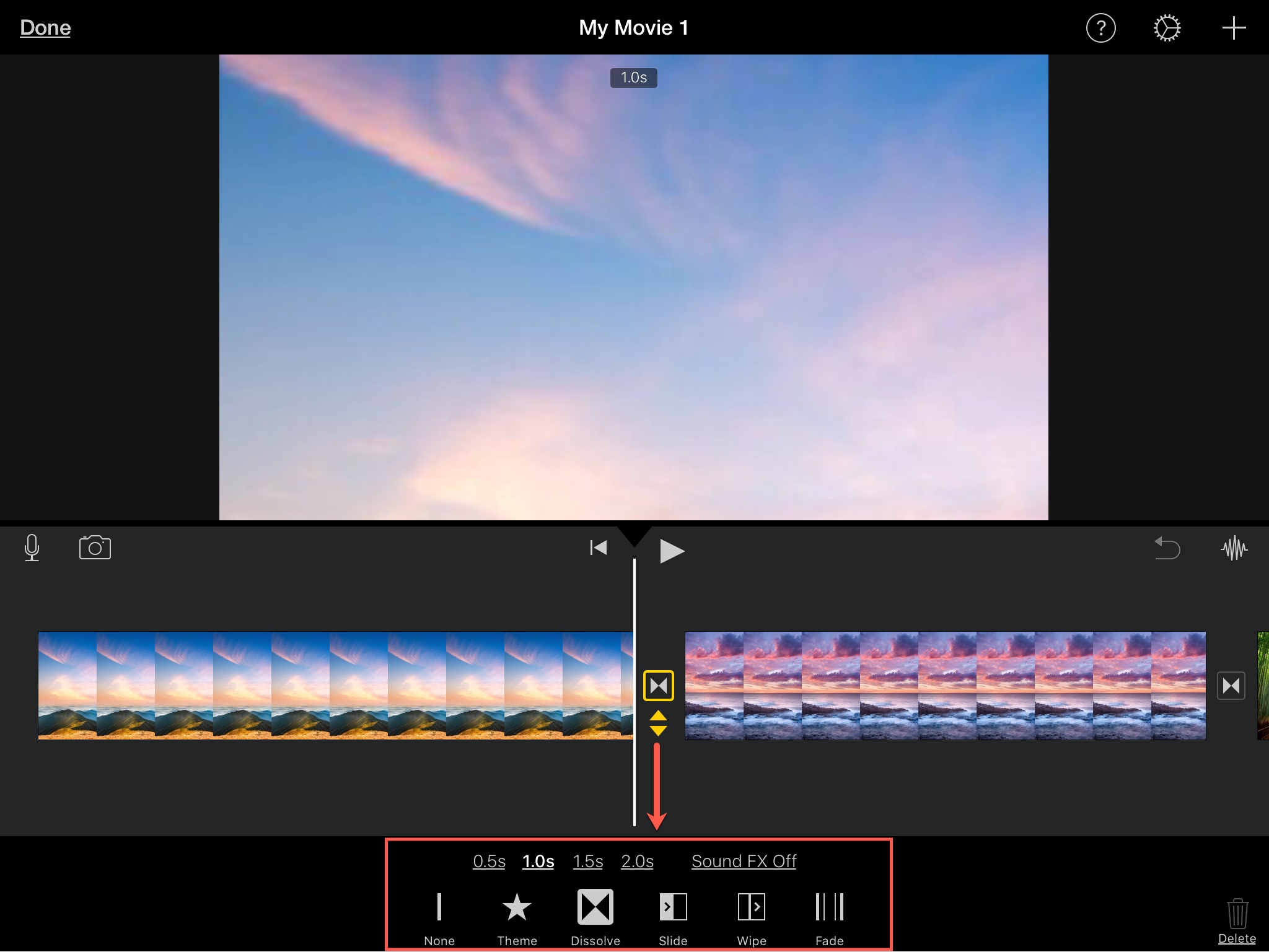 imovie change transitions iphone