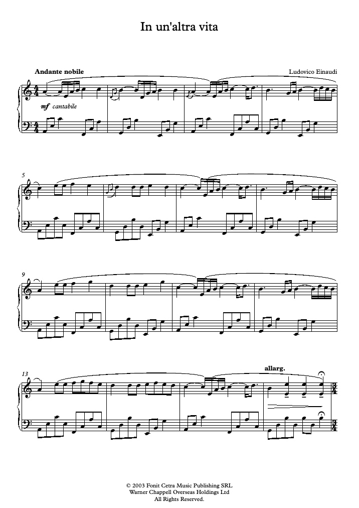 in un altra vita piano sheet