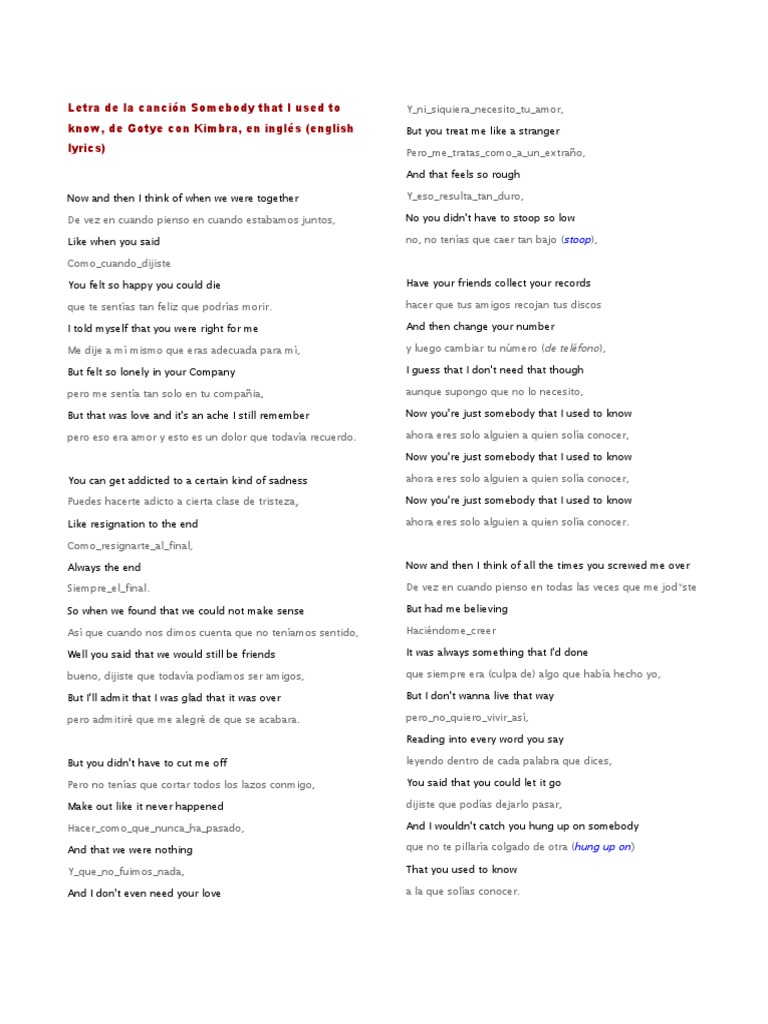 letra y traduccion de somebody that i used to know