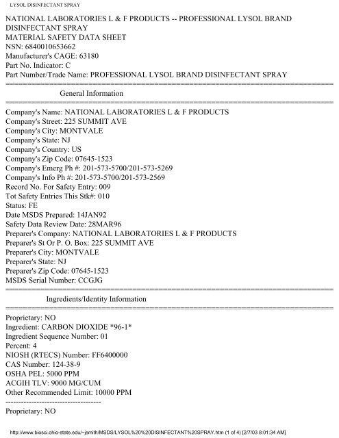 lysol disinfectant spray sds