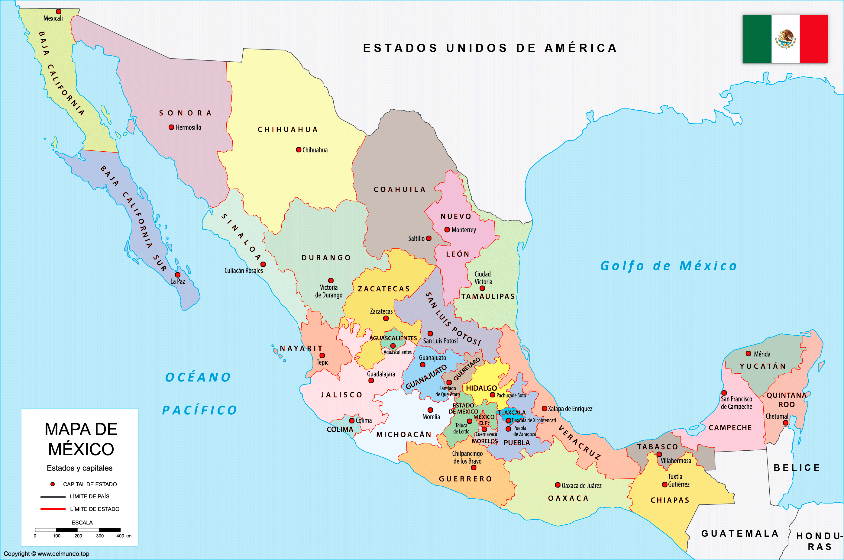 mapa de la republica mexicana con nombres y capitales