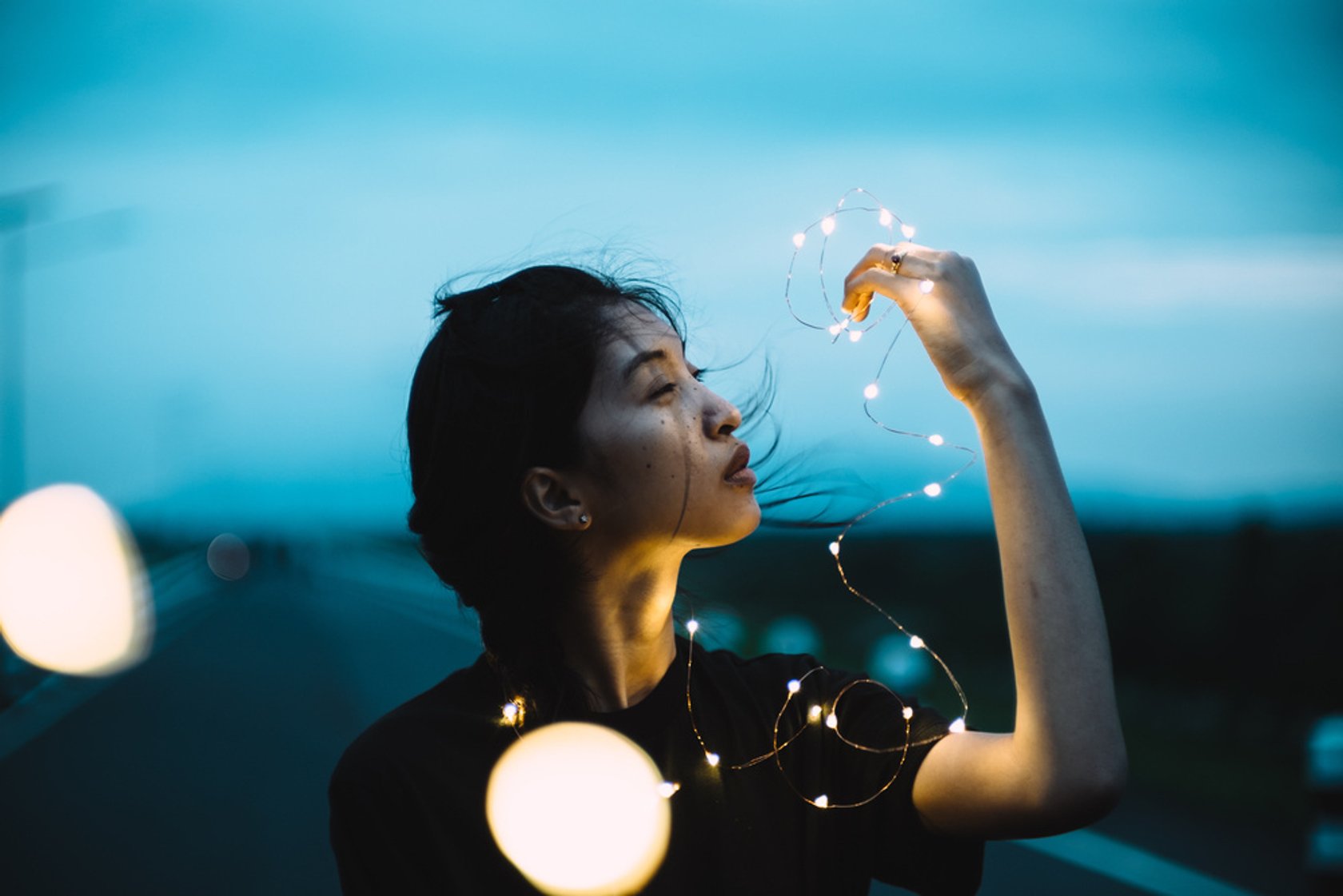 model fairy lights photoshoot